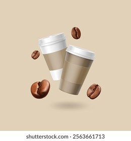 Paper cups with coffee and realistic coffee beans flying around. Realistic cardboard container for coffeeshop.. Hot takeaway cappuccino