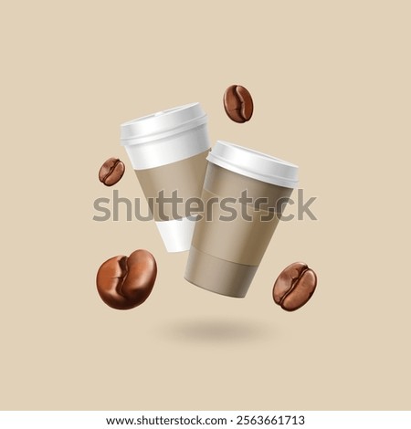 Paper cups with coffee and realistic coffee beans flying around. Realistic cardboard container for coffeeshop.. Hot takeaway cappuccino