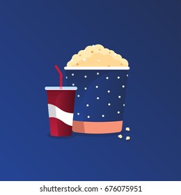 Paper cups with cola and popcorn.