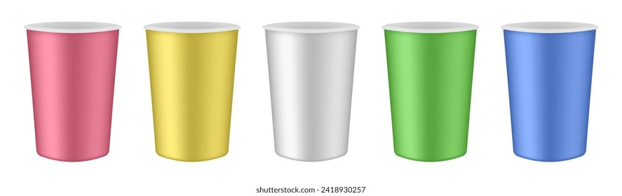 Paper cups for cold beverages. Take away. White, red, green, yellow and blue paper cups, blank brown container with lid for latte, mocha, cappuccino or tea drinks