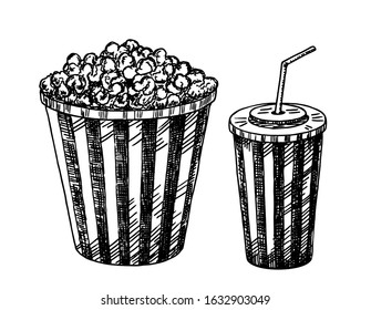 Paper cups with drink and popcorn. Popcorn, soda takeaway. Cinema design in sketch style. Vector illustration.