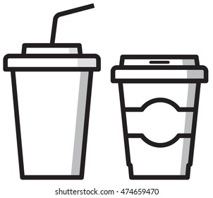 Paper cups for drinks. Fast food. Coffee and lemonade, cola. Simple vector icons. Black and white.
