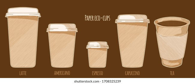 Paper cups with hot drinks coffee and tea, hand drawn sketch