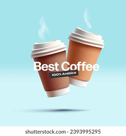 Paper cups with lids 3D. A hot drink, Arabica. akeaway coffee or tea. coffee for advertising cafes. Vector