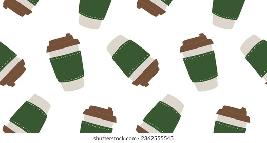 Paper cups with lids. Seamless pattern. Disposable cups to go. Smoothies and milkshakes cups. Hot soup cups. Cocktail. Cafe. Coffee house. Colorful insulated, Isolated flat vector illustration