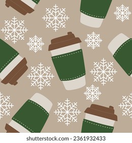 Paper cups with lids and snowflakes Seamless pattern. Disposable cups to go. Winter and autumn Hot drinks. Hot soup cups. Isolated flat vector illustration for banner, Print, Decoration, Poster.