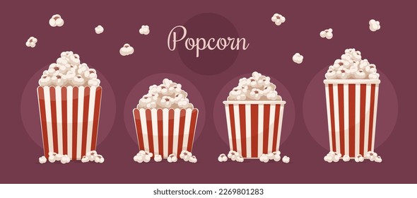 Paper cups set full of popcorn on red background. Fast food snack for movie films watching in the cinema theater. Collection. Vector illustration