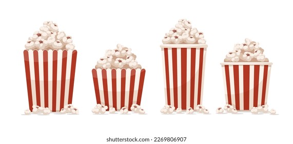 Paper cups set full of popcorn isolated on white background. Fast food snack for movie films watching in the cinema theater. Collection. Vector illustration