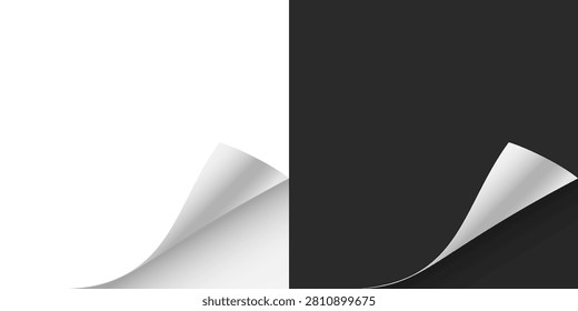 Paper curl corner background. Curled paper corner with realistic page fold effect. White sheet edge peeling back, revealing shadow and depth. Minimal vector illustration.