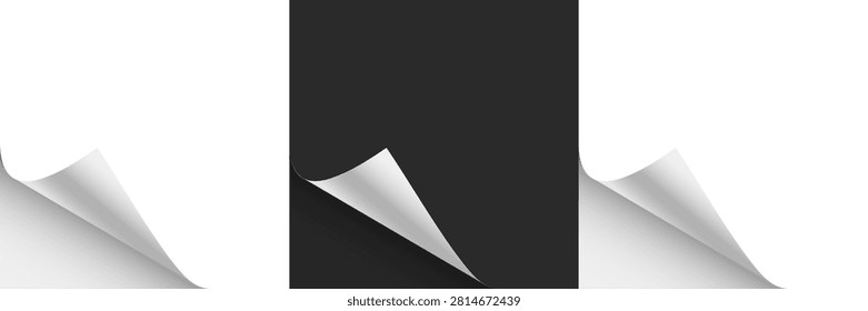 Paper curl corner background. Curled paper corner with realistic page fold effect. White sheet edge peeling back, revealing shadow and depth. Minimal vector illustration.