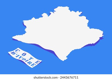 Papel rizo estilizado del mapa de Costa de Marfil con sombra aislada sobre fondo azul.