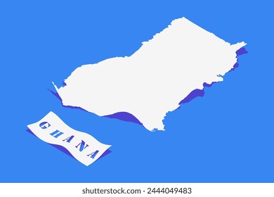 Papel rizo estilizado de Ghana mapa con sombra aislado en fondo azul.