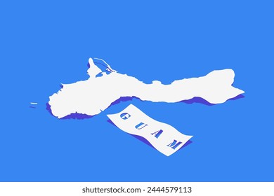 Rizo de papel estilizado de Guam Mapa con sombra aislado sobre fondo azul.