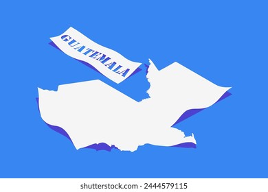 Papel rizo estilizado de Guatemala Mapa con sombra aislado sobre fondo azul.
