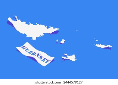 Paper Curl Stylized of Guernsey Map with Shadow isolated on Blue Background.