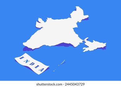 Papel rizo estilizado de India mapa con sombra aislado sobre fondo azul.