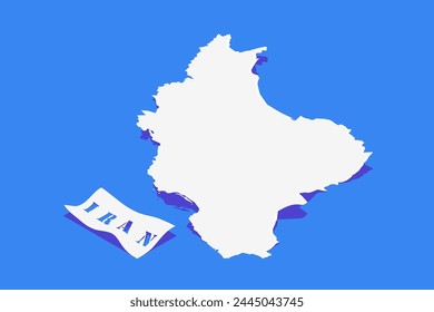 Papel rizo estilizado de Irán mapa con sombra aislado sobre fondo azul.