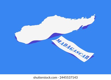 Rizo de papel estilizado del mapa de Madagascar con sombra aislada sobre fondo azul.