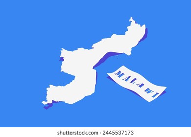 Paper Curl Stylized of Malawi Map with Shadow isolated on Blue Background.