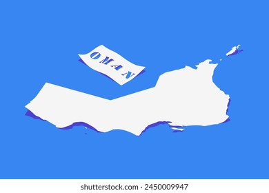 Rizo de papel estilizado de Omán Mapa con sombra aislado sobre fondo azul.