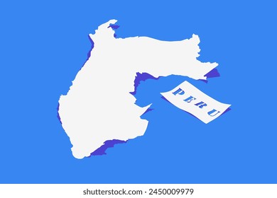 Papel rizo estilizado de Perú Mapa con sombra aislado sobre fondo azul.