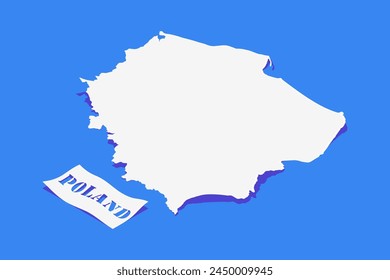 Papel rizo estilizado de Polonia Mapa con sombra aislado sobre fondo azul.