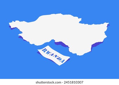 Papel rizo estilizado de Ruanda Mapa con sombra aislado sobre fondo azul.