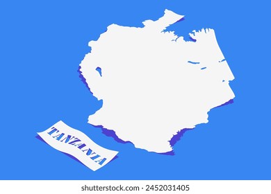 Papel rizo estilizado de Tanzania Mapa con sombra aislado sobre fondo azul.