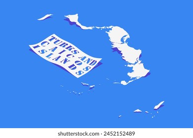 Mapa estilizado de las Islas Turcas y Caicos con sombra aislada sobre fondo azul.