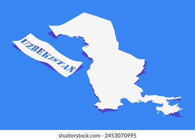 Paper Curl Stylized of Uzbekistan Map with Shadow isolated on Blue Background.