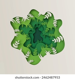 Paper curved carve art of branch in green forest. Green forest frame. paper cut and craft style. vector, illustration.