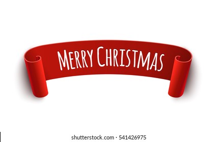 Paper curved label with merry christmas sign. Isolated vector illustration of christmas red tag decoration