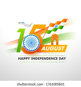 Paper Cut 15 August Text with Ashoka Wheel, Indian Flag, India Gate and Fighter Aircraft on White Background for Happy Independence Day Concept.