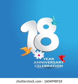 paper cut, 18 Years Anniversary celebration logotype white colored, isolated on blue background