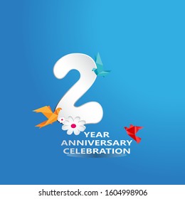 paper cut, 2 Years Anniversary celebration logotype white colored, isolated on blue background