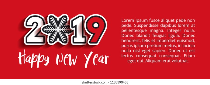 Paper cut 2019 text design with snowflake. Happy New Year lettering. Vector greeting illustration with white numbers on red background