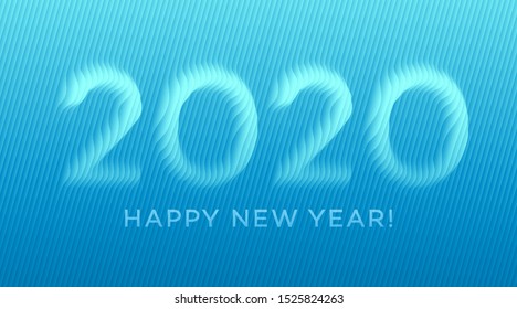 Paper cut 2020 line text for celebration design. Decoration element. Vector holiday poster. Wave background. Text design pattern. Blue ribbon background. Xmas holiday.