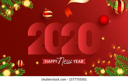 Paper Cut 2020 Text with Realistic Baubles, Pine Leaves, Golden Stars and Lighting Garland Decorated on Red Background for Happy New Year Celebration.