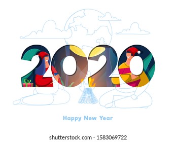Paper Cut 2020 Text with Young Couples Enjoying Drinks and Bonfire on White Background for Happy New Year Night Concept.