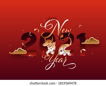 Paper Cut 2021 Number with Chinese Zodiac Ox Symbol, Clouds and Bronze Confetti Ribbon on Red Background for Happy New Year Celebration.