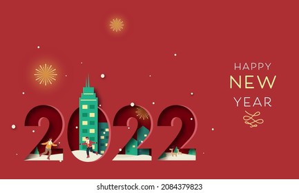 Paper Cut 2022 Number With Buildings, Fireworks And Young Couple Listen Music While Roller Skating On Red Background For Happy New Year Concept.