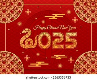 Paper cut 2025 golden snake on Chinese lunar new year banner. Elegant Cny greeting card featuring a gold reptile snake forming the number 2 in 2025, surrounded by traditional motifs on red background