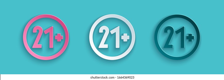 Paper cut 21 plus icon isolated on blue background. Adults content icon. Paper art style. Vector Illustration