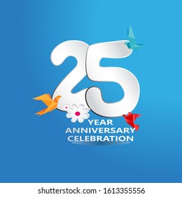 paper cut, 25 Years Anniversary celebration logotype white colored, isolated on blue background