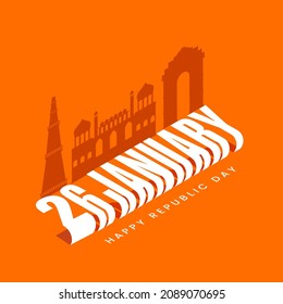 Paper Cut 26 January Font With Silhouette India Famous Monument On Orange Background For Happy Republic Day Concept.