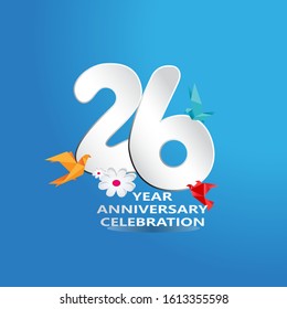 paper cut, 26 Years Anniversary celebration logotype white colored, isolated on blue background
