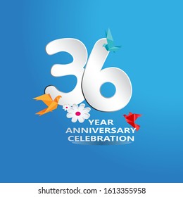 paper cut, 36 Years Anniversary celebration logotype white colored, isolated on blue background