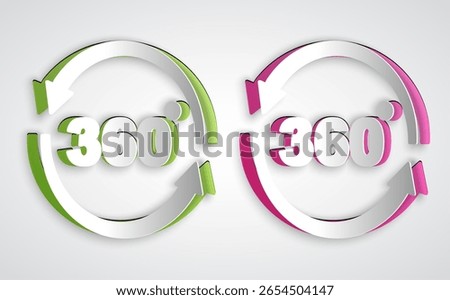Paper cut 360 degree view icon isolated on grey background. Virtual reality. Angle 360 degree camera. Panorama photo. Paper art style. Vector