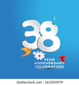 paper cut, 38 Years Anniversary celebration logotype white colored, isolated on blue background