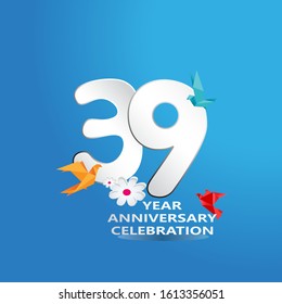 paper cut, 39 Years Anniversary celebration logotype white colored, isolated on blue background